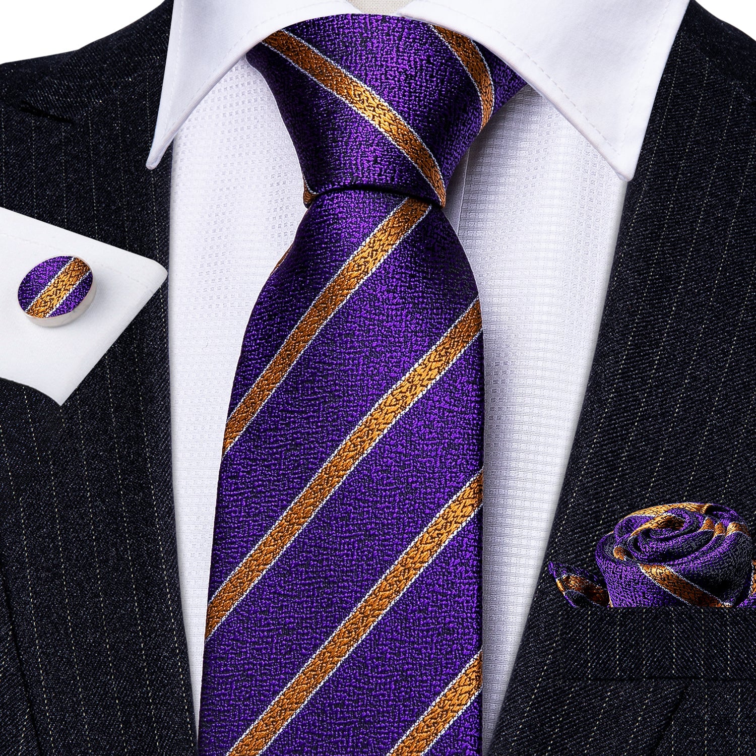 GentCrest Purple Striped Tie Hanky Cufflinks Set - Image 4