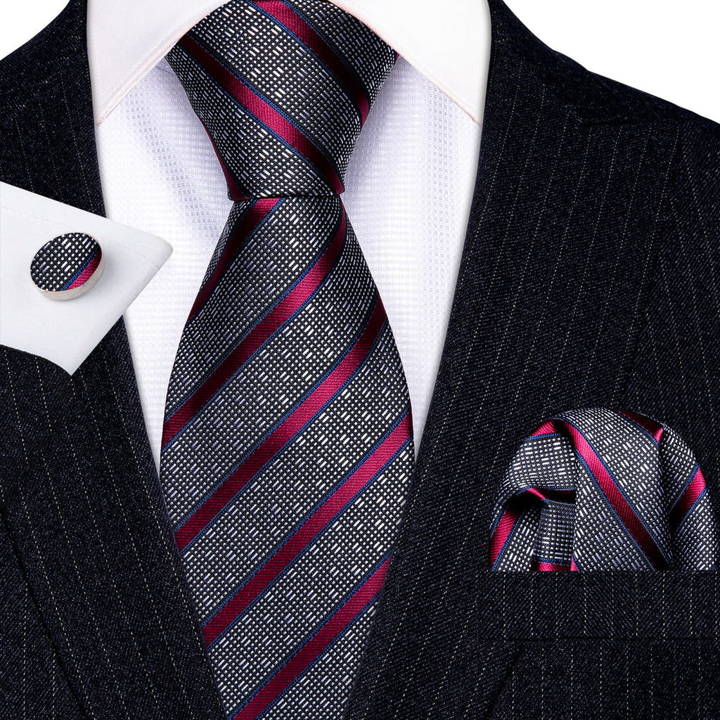 Gray Red Striped Silk Tie Set - GentCrest
