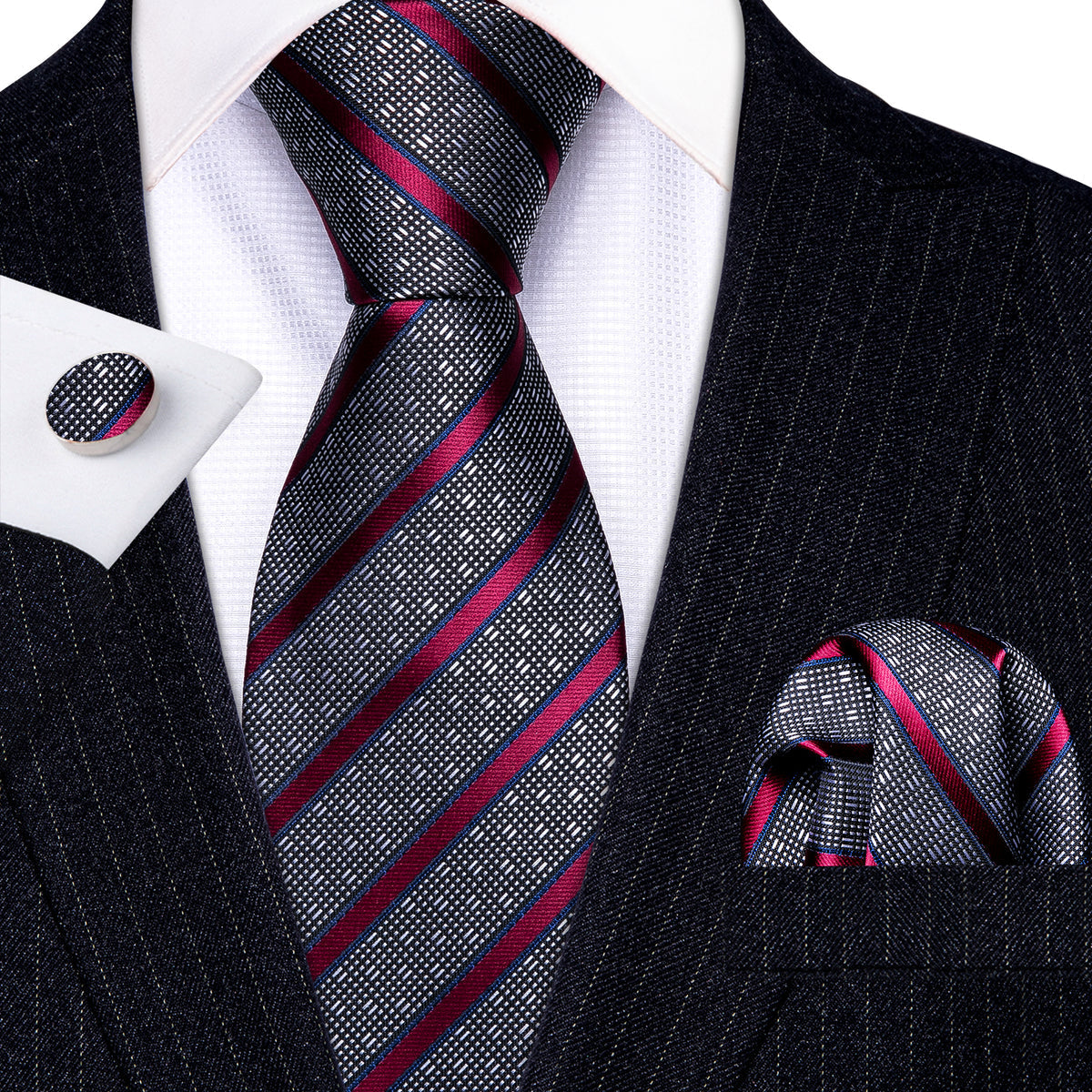 Gray Red Striped Silk Tie Set - GentCrest