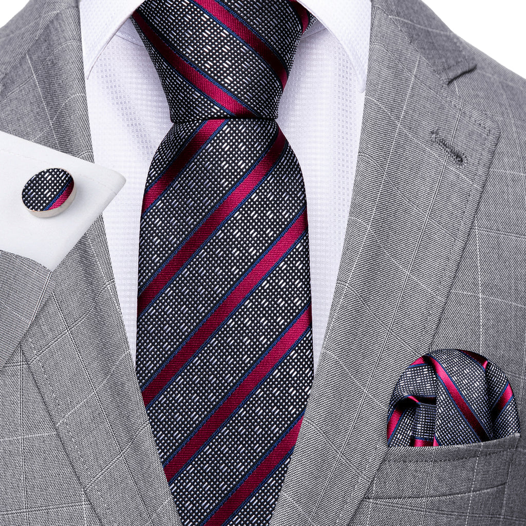 Gray Red Striped Silk Tie Set - GentCrest - View 2