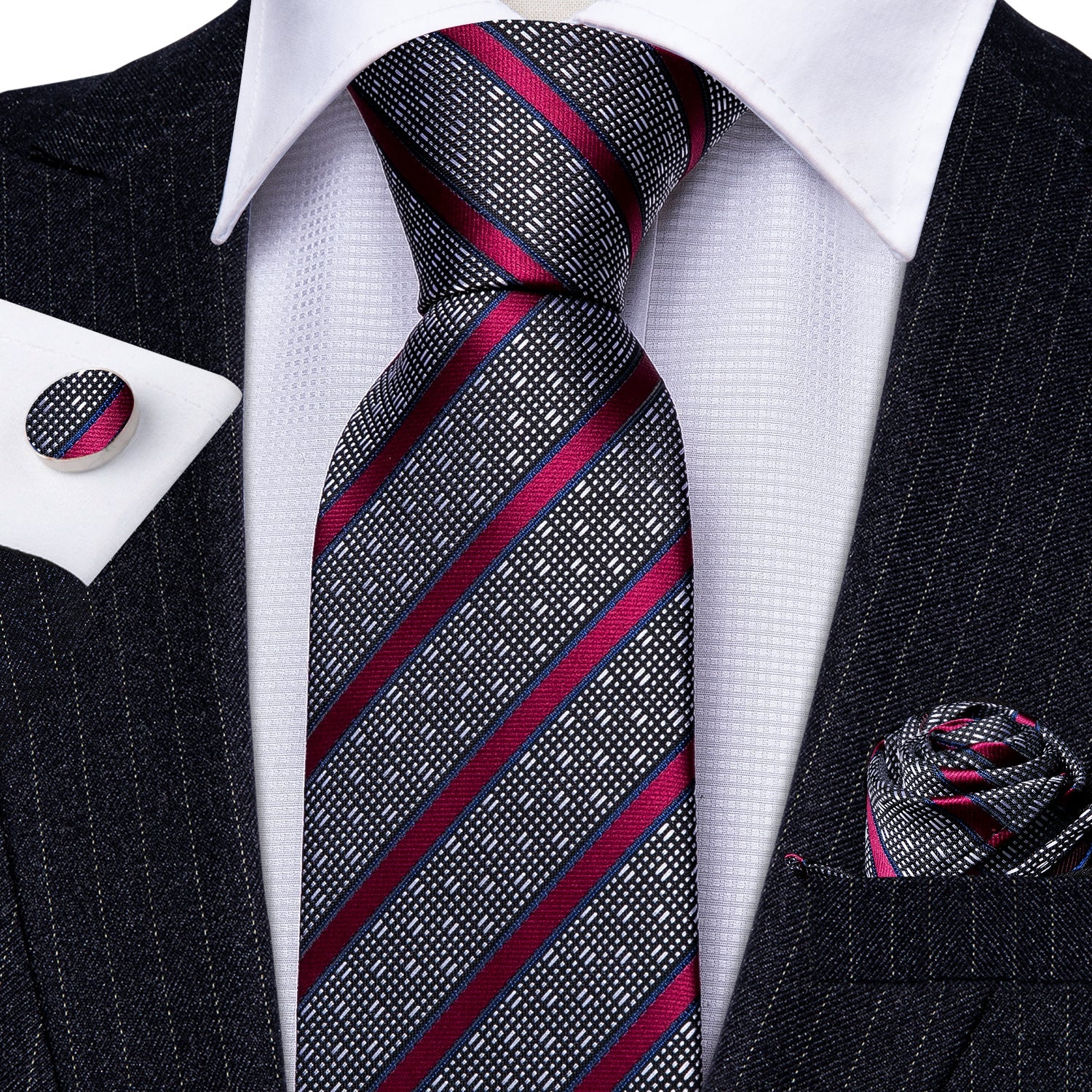 GentCrest Red Striped Tie Hanky Cufflinks Set - Image 2