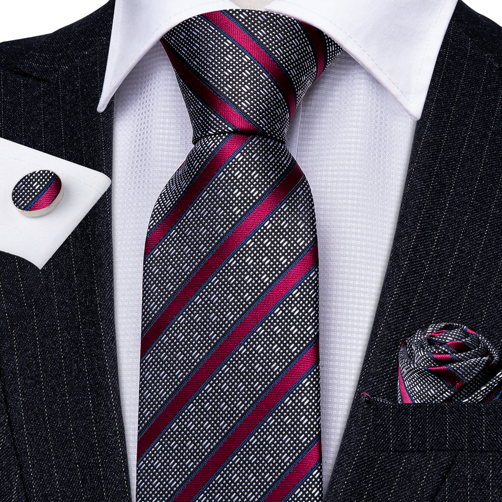 Gray Red Striped Silk Tie Set - GentCrest - View 3
