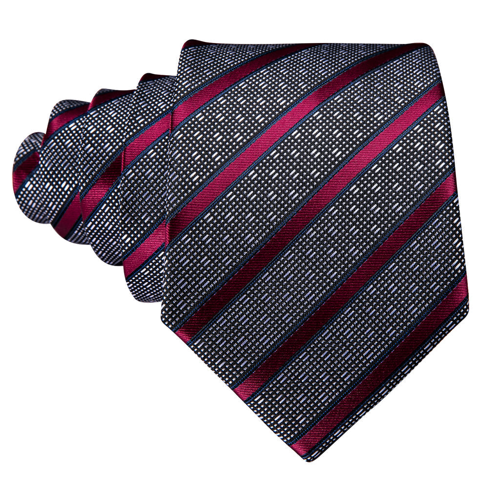 Gray Red Striped Silk Tie Set - GentCrest - View 6