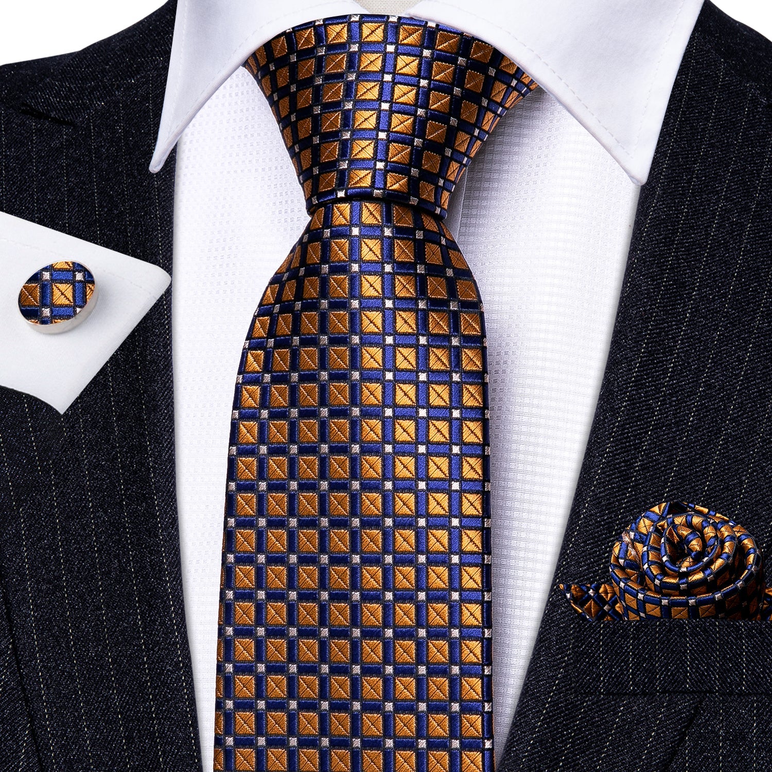 GentCrest Blue Plaid Tie Hanky Cufflinks Set - Image 2