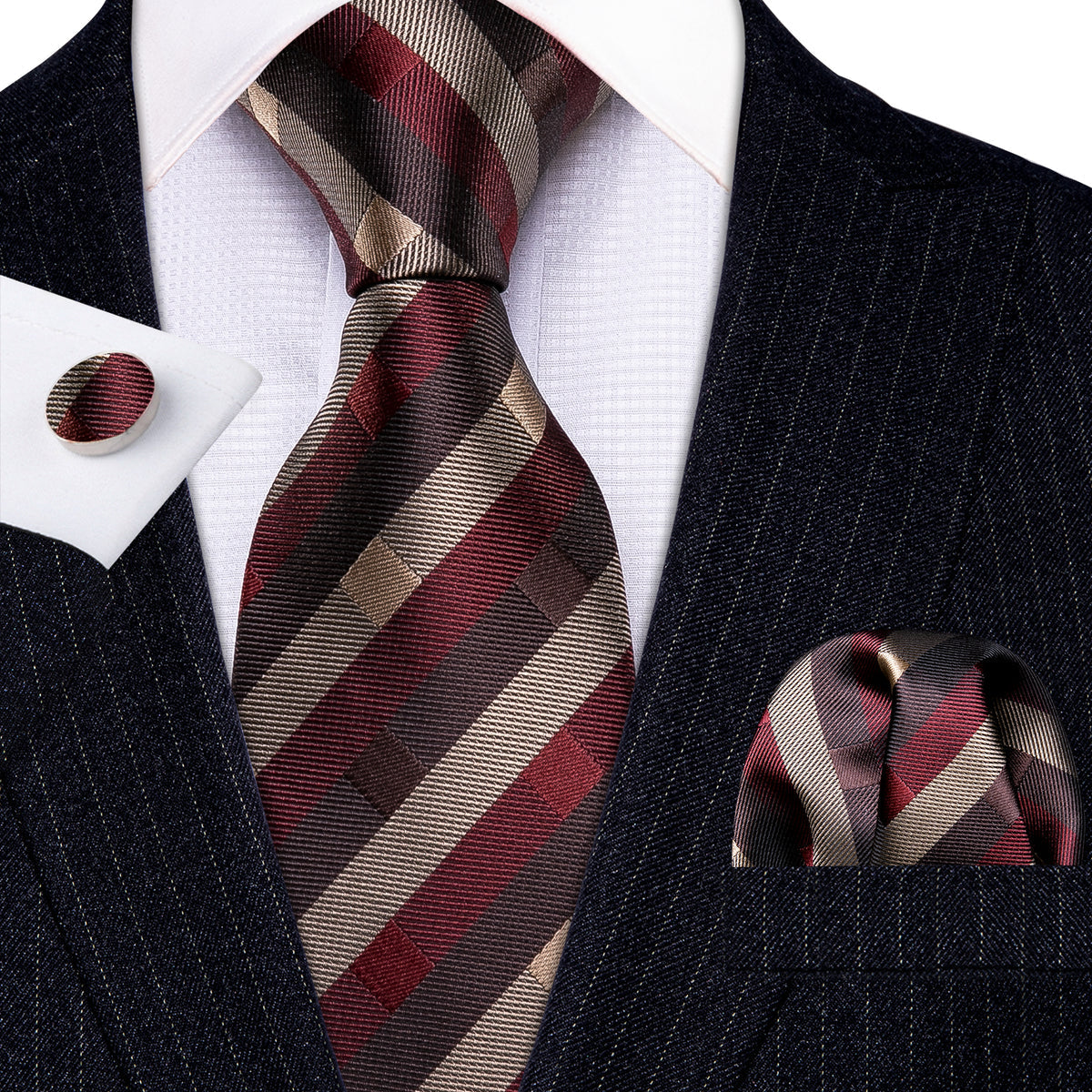 Red Brown Striped Silk Tie Set - GentCrest