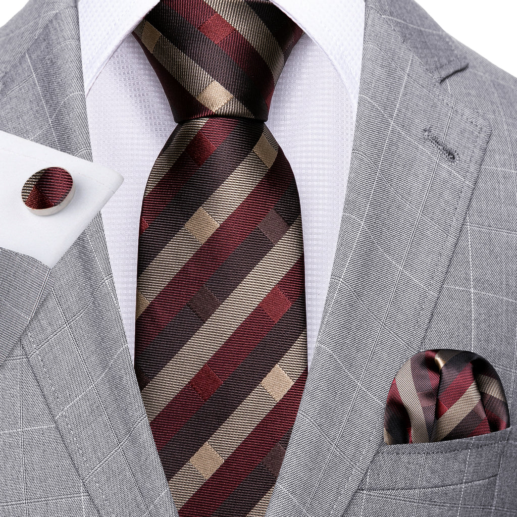 Red Brown Striped Silk Tie Set - GentCrest - View 2