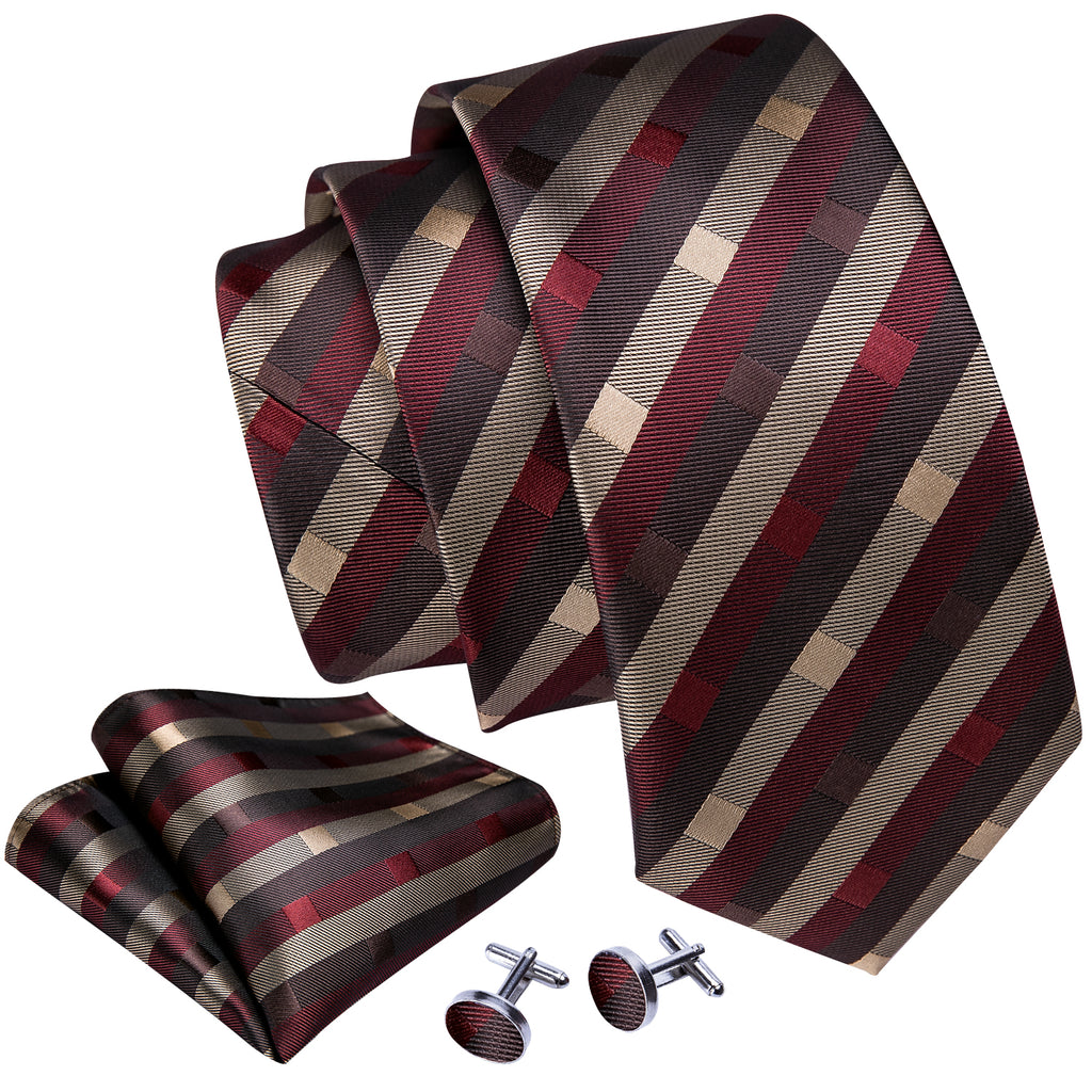 Red Brown Striped Silk Tie Set - GentCrest - View 4