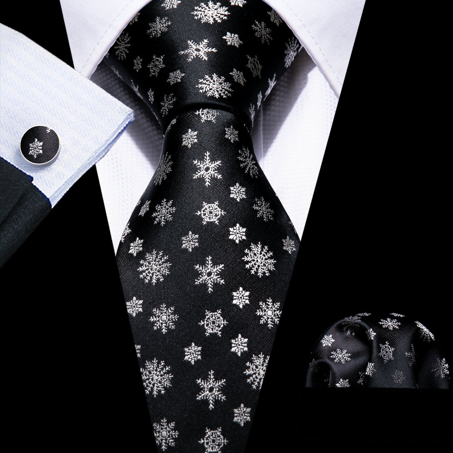 Snowflakes On Black Silk Tie Set - GentCrest