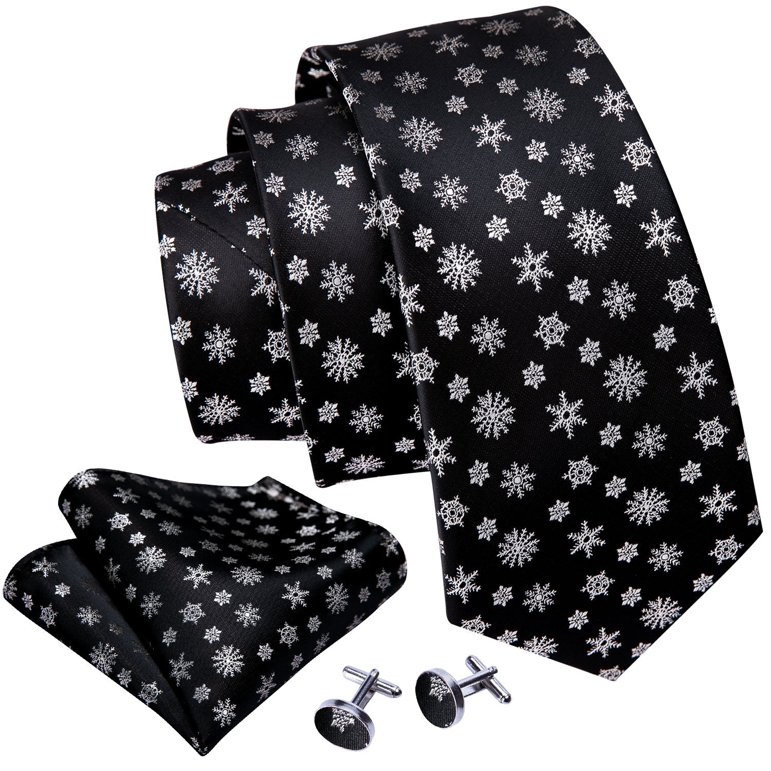 Snowflakes On Black Silk Tie Set - GentCrest - View 2