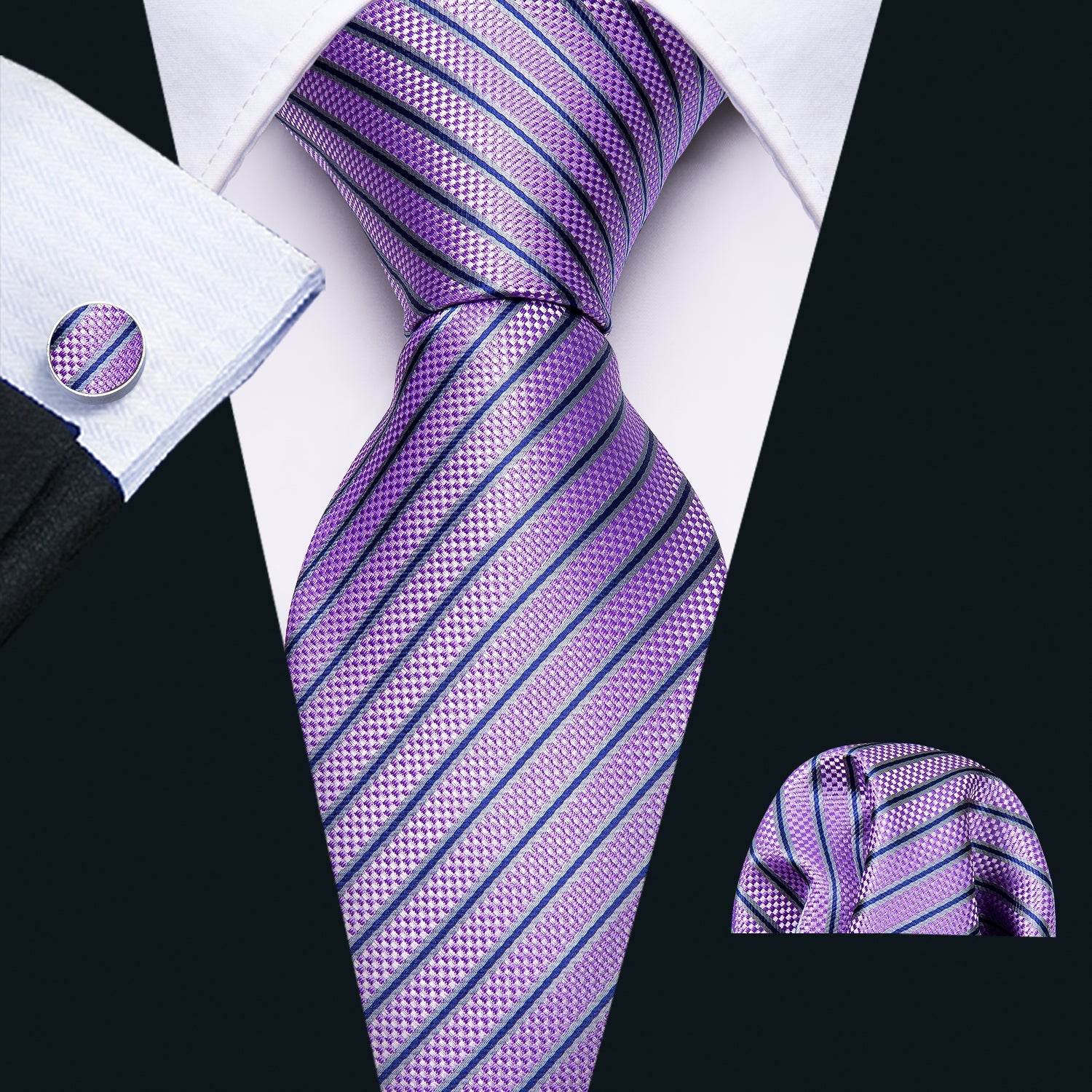 GentCrest Purple Striped Tie Hanky Cufflinks Set - Image 1