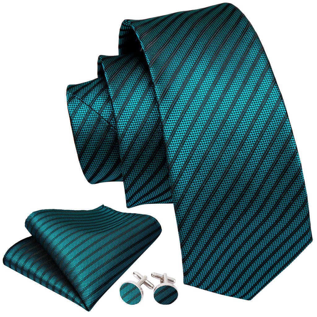 Teal Green Black Striped Silk Tie Set - GentCrest - View 4