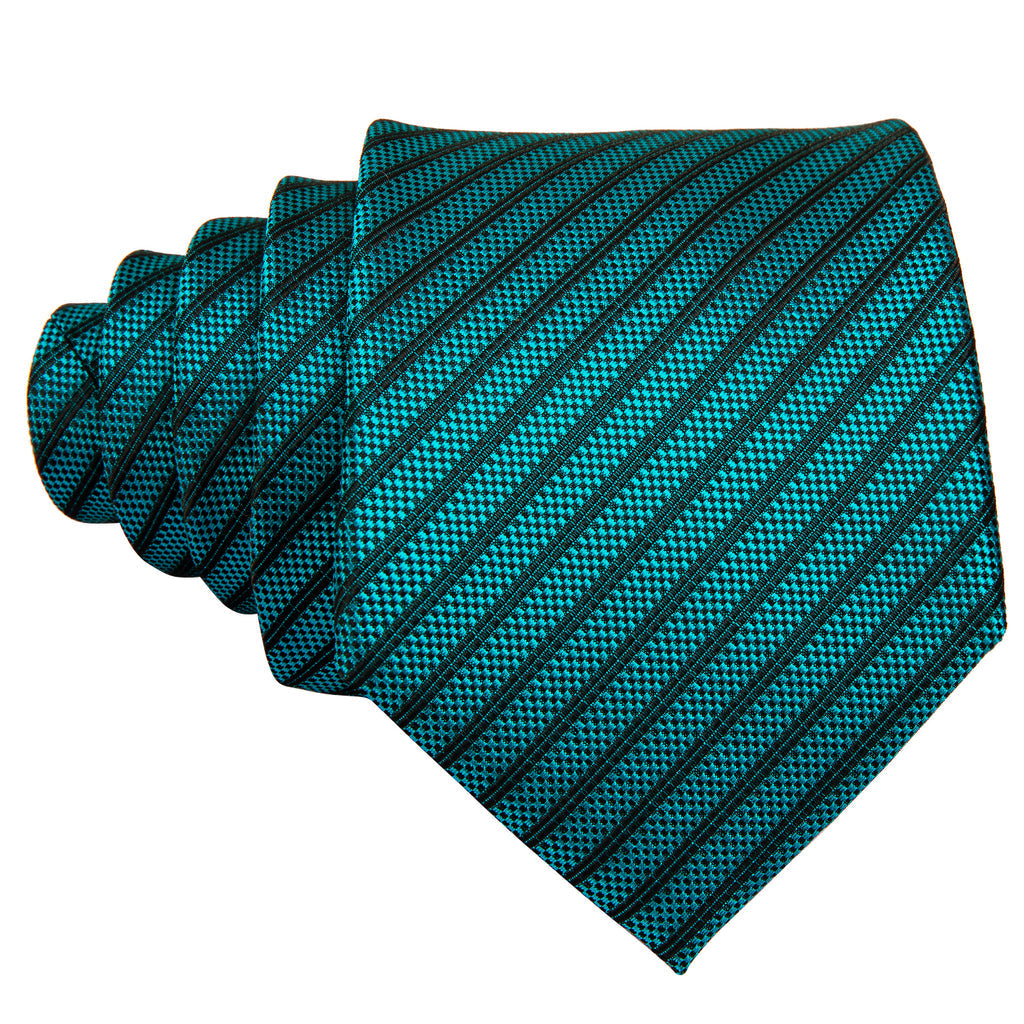 Teal Green Black Striped Silk Tie Set - GentCrest - View 5