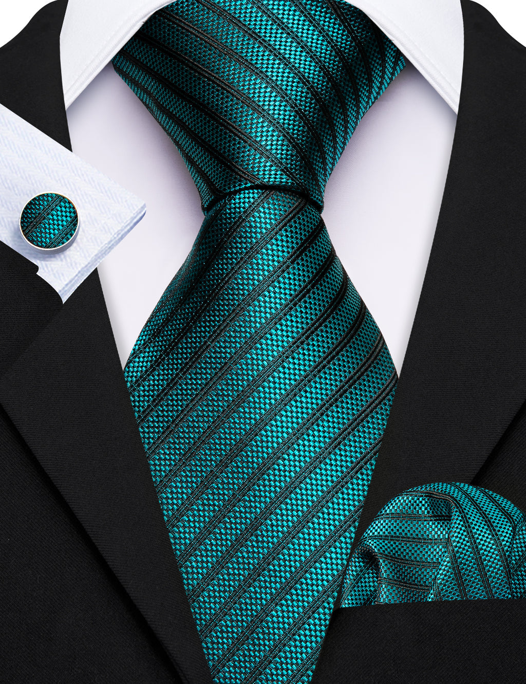 Teal Green Black Striped Silk Tie Set - GentCrest - View 2