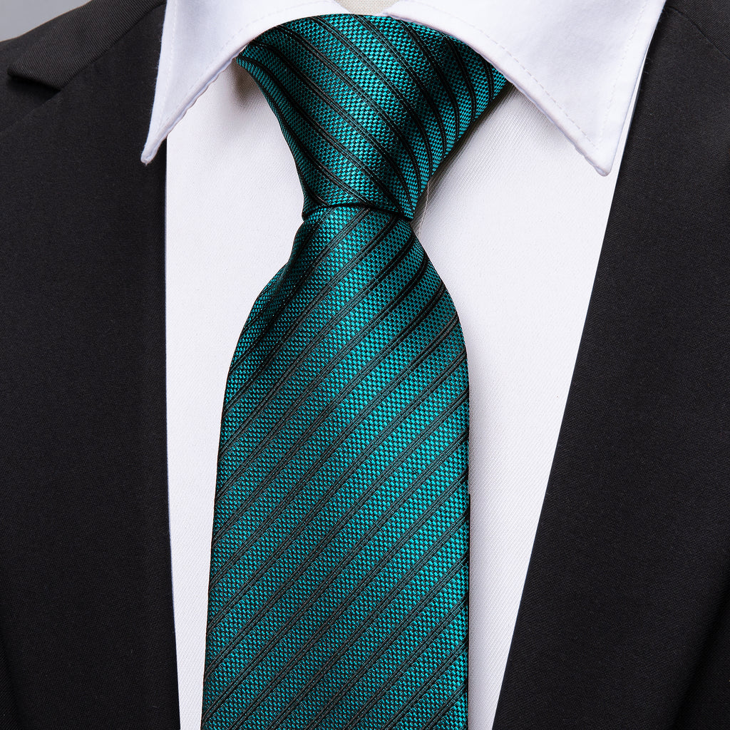 Teal Green Black Striped Silk Tie Set - GentCrest - View 3