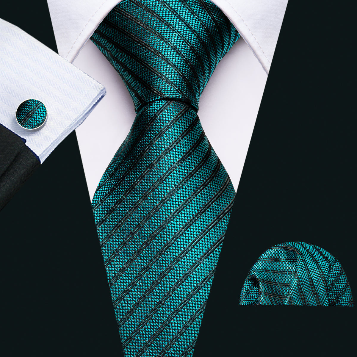 Teal Green Black Striped Silk Tie Set - GentCrest