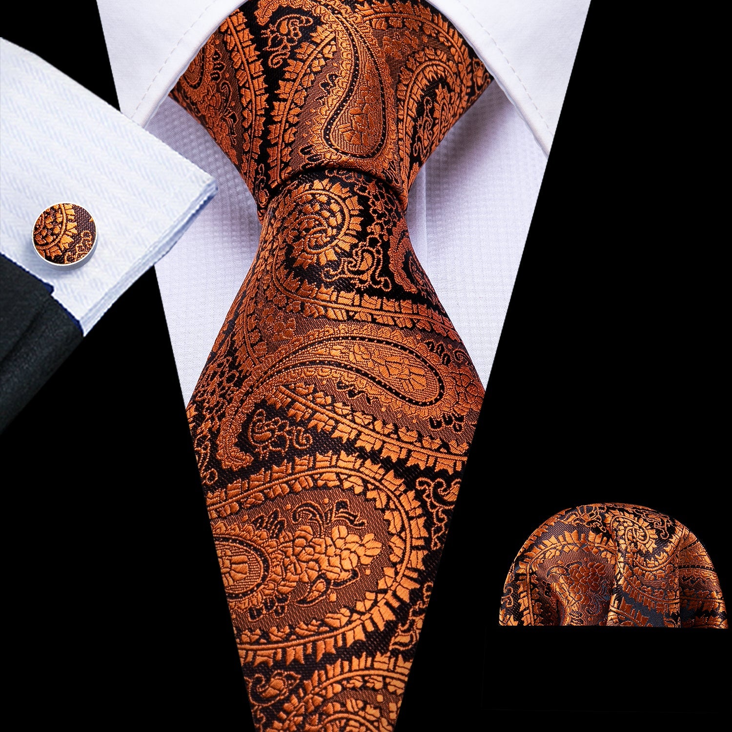 GentCrest Black Paisley Tie Hanky Cufflinks Set - Image 1