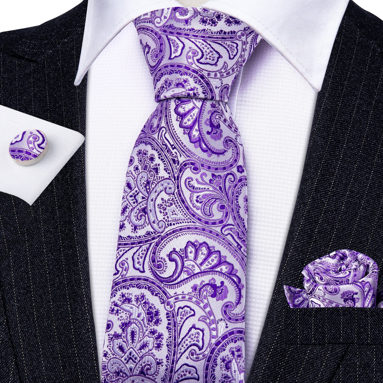 GentCrest Purple Paisley Tie Hanky Cufflinks Set - Image 2