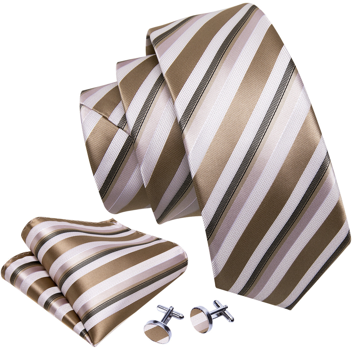 Champagne & Ivory Striped Silk with Pocket Square & Cufflinks Silk Tie Set - GentCrest - View 2