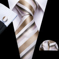 Champagne & Ivory Striped Silk with Pocket Square & Cufflinks Silk Tie Set - GentCrest