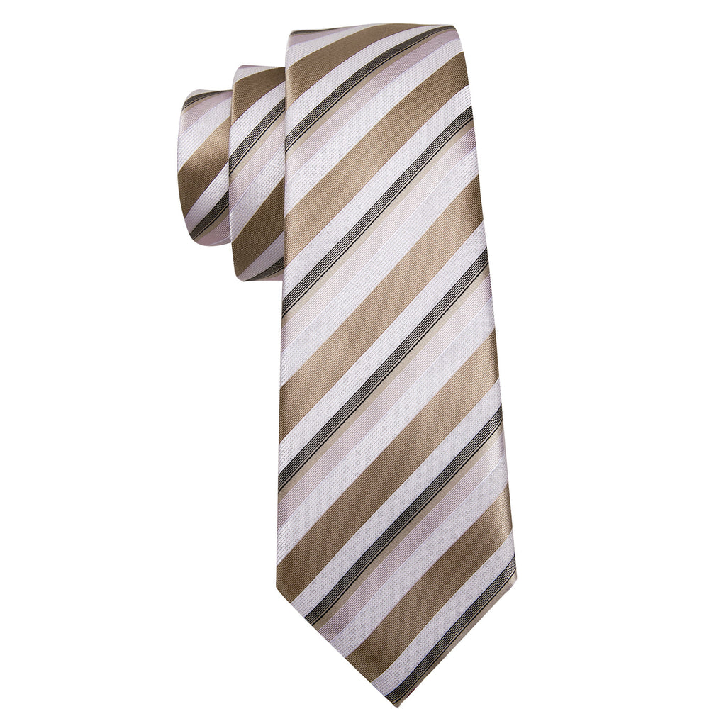 Champagne & Ivory Striped Silk with Pocket Square & Cufflinks Silk Tie Set - GentCrest - View 4