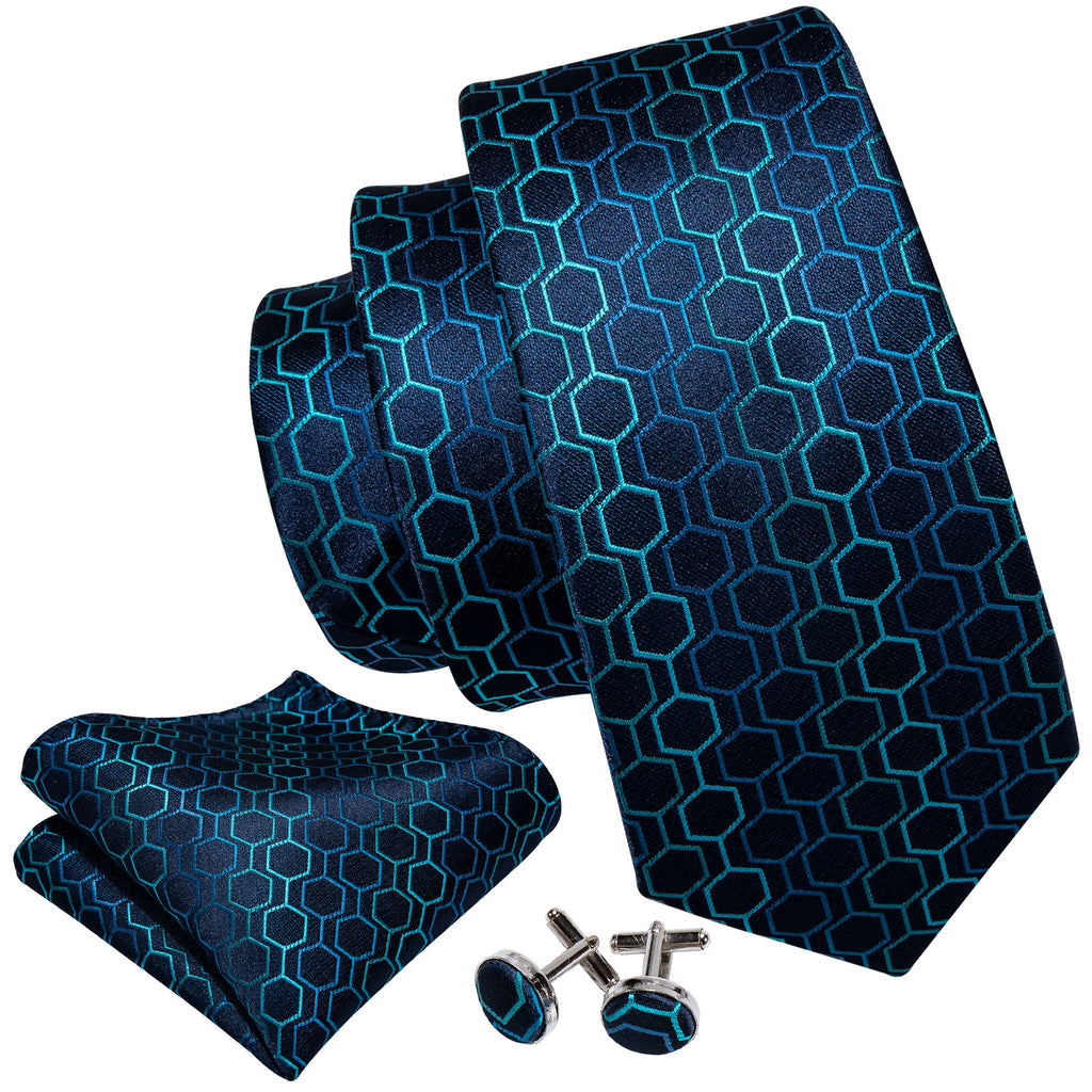 Navy & Sky Blue Geometric Plaid Silk Tie Set - GentCrest - View 2