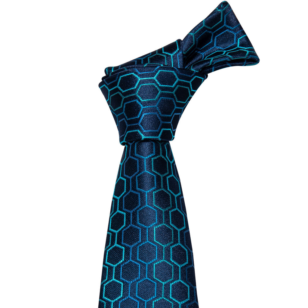 Navy & Sky Blue Geometric Plaid Silk Tie Set - GentCrest - View 3