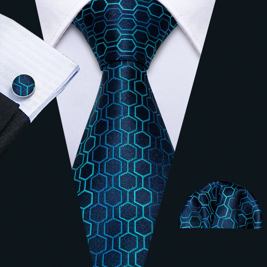 Navy & Sky Blue Geometric Plaid Silk Tie Set - GentCrest