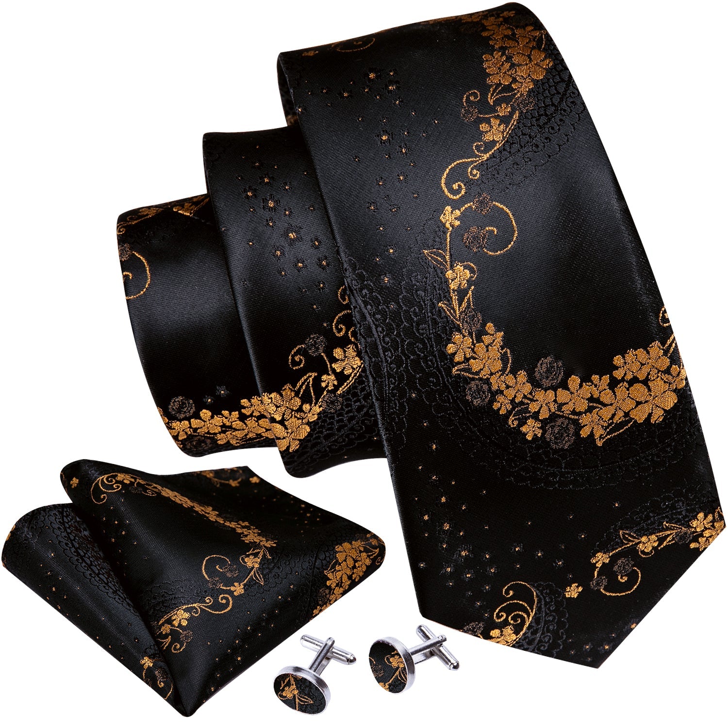 GentCrest Black Floral Tie Hanky Cufflinks Set - Image 6