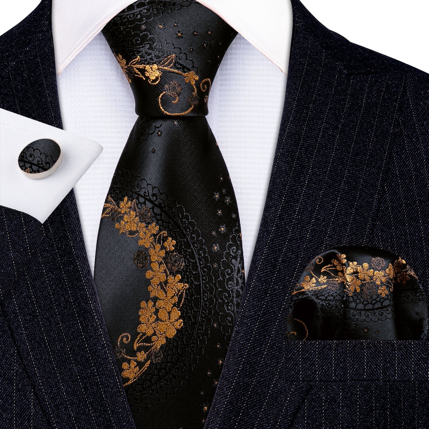 GentCrest Black Floral Tie Hanky Cufflinks Set - Image 3