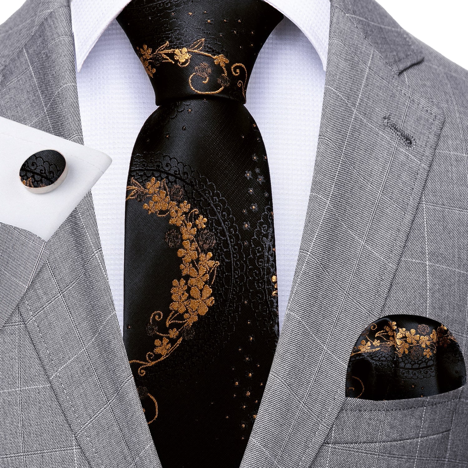 GentCrest Black Floral Tie Hanky Cufflinks Set - Image 2