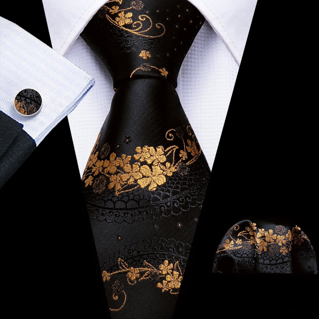 GentCrest Black Floral Tie Hanky Cufflinks Set - Image 1