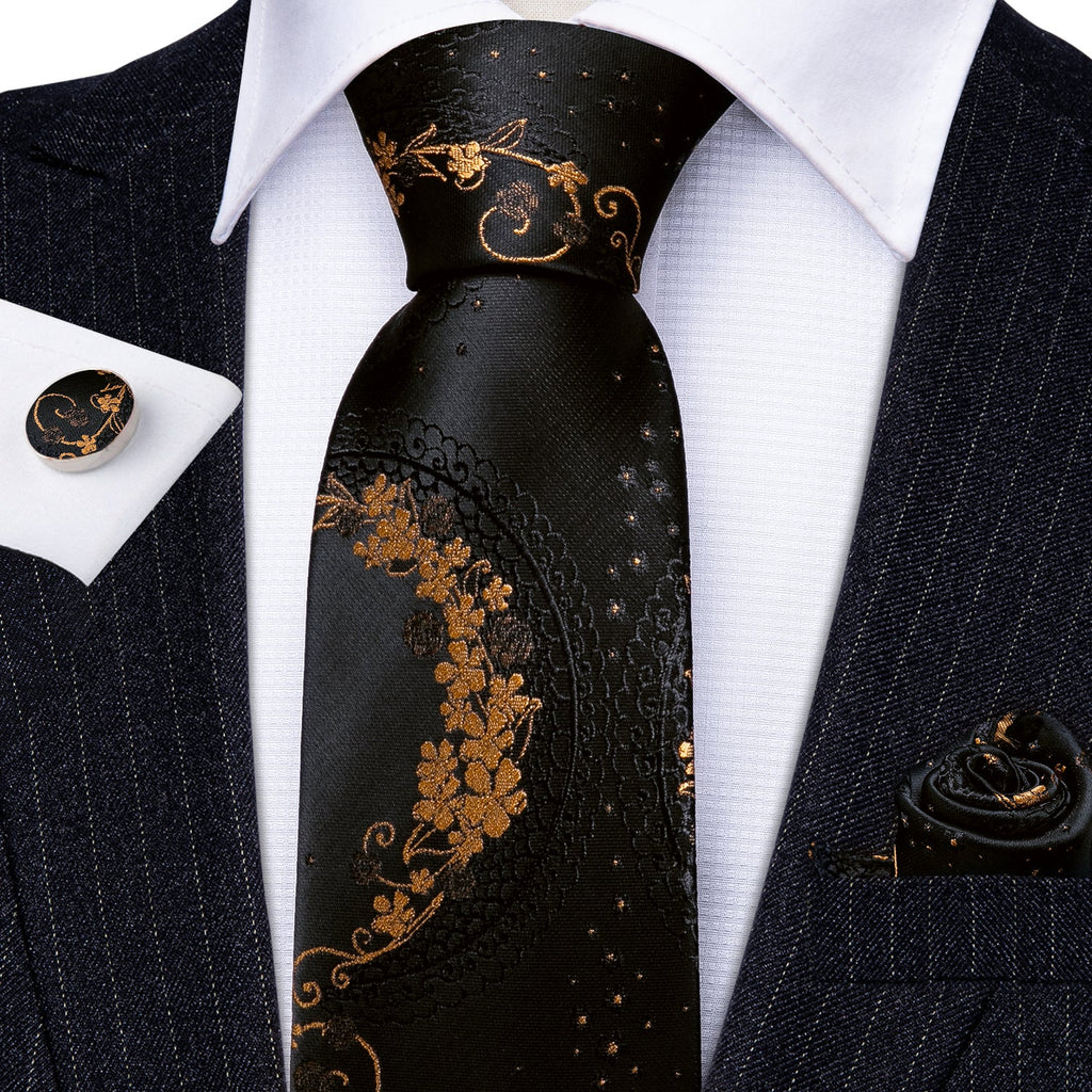 GentCrest Black Floral Tie Hanky Cufflinks Set - Image 4