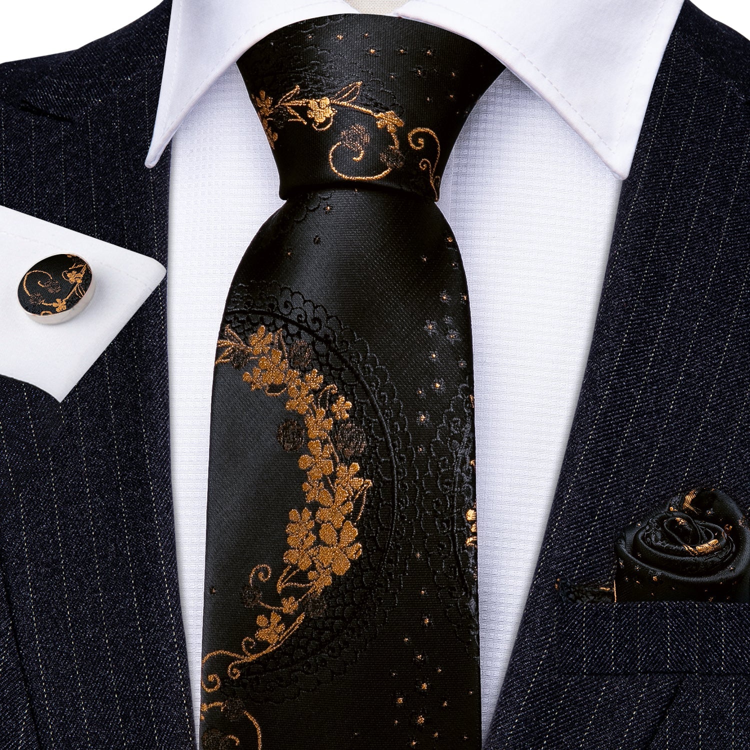 GentCrest Black Floral Tie Hanky Cufflinks Set - Image 4