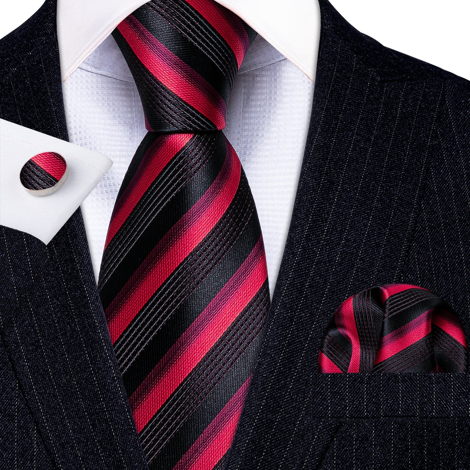 GentCrest Black Striped Tie Hanky Cufflinks Set - Image 3