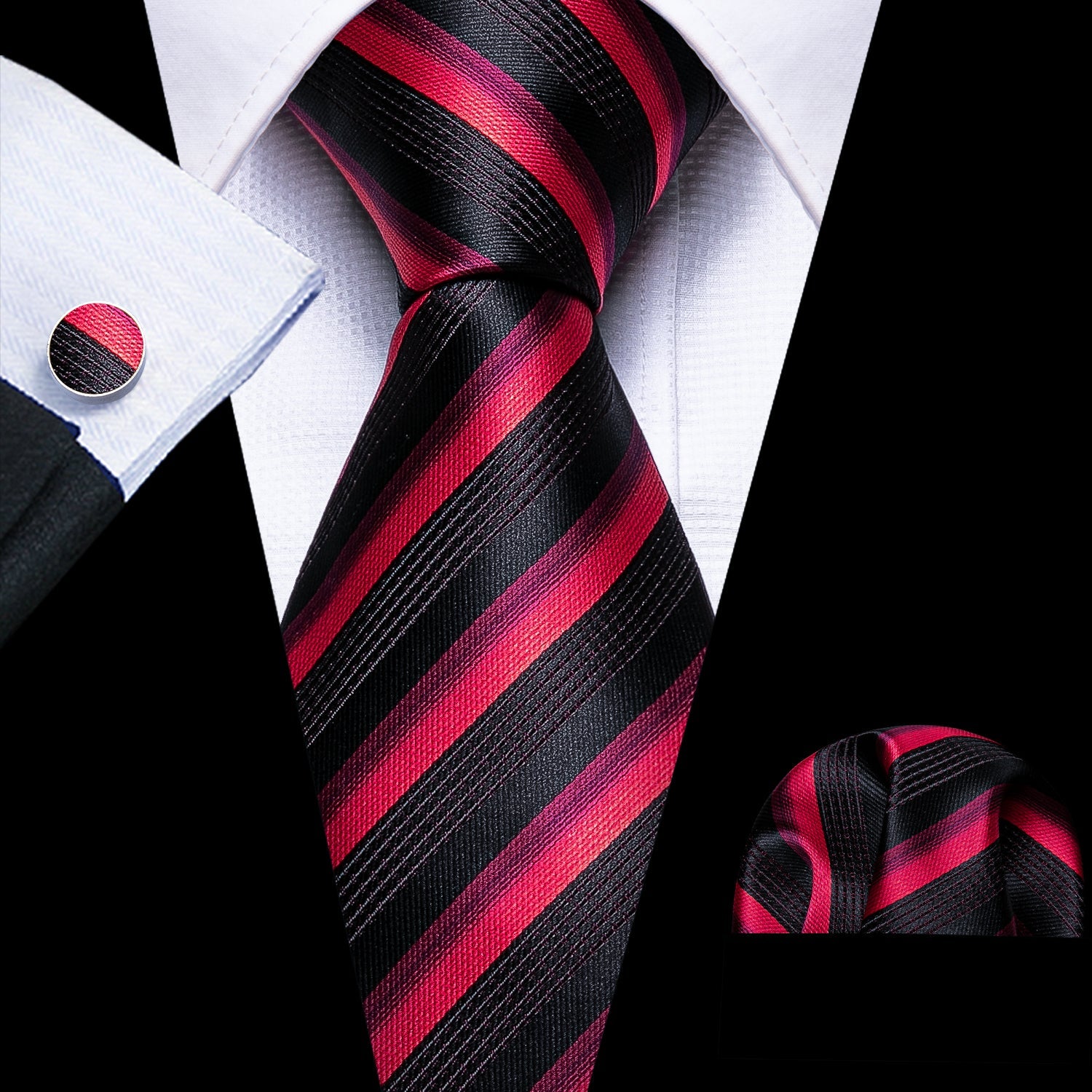 GentCrest Black Striped Tie Hanky Cufflinks Set - Image 1