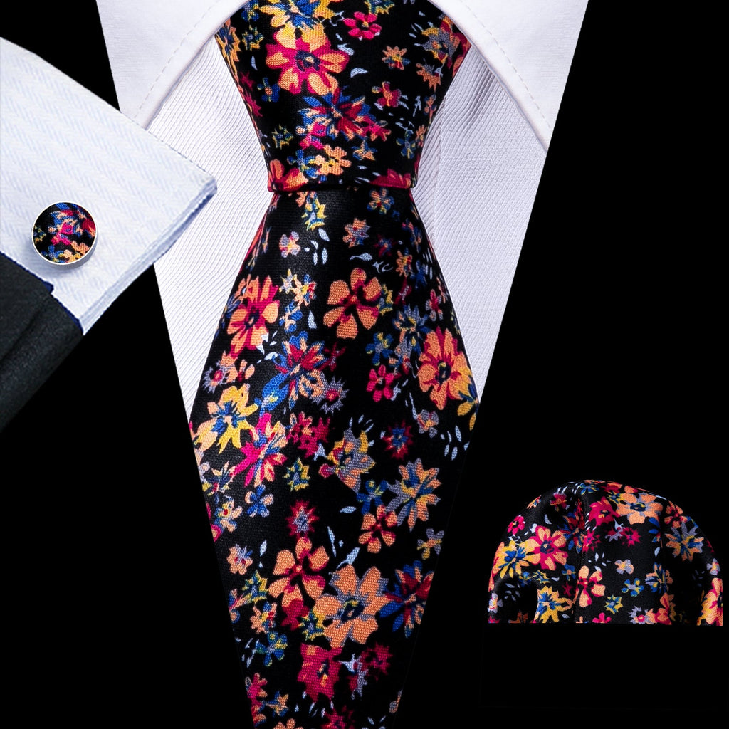 GentCrest Black Floral Tie Hanky Cufflinks Set - Image 1