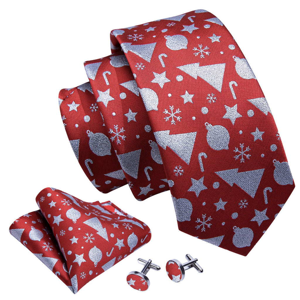 Crimson Red & Silver Christmas Tie, Pocket Square, and Cufflinks Silk Tie Set - GentCrest - View 2