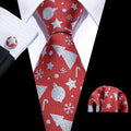Crimson Red & Silver Christmas Tie, Pocket Square, and Cufflinks Silk Tie Set - GentCrest