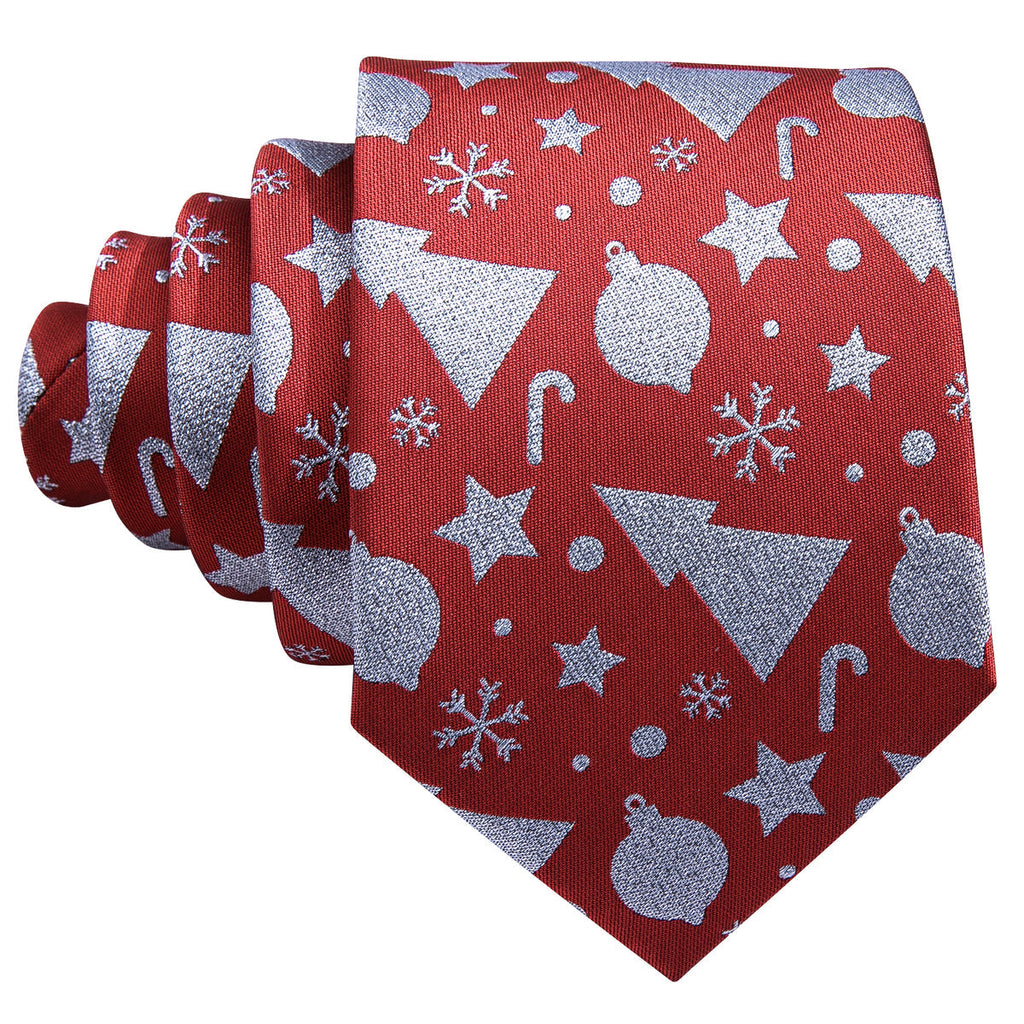 Crimson Red & Silver Christmas Tie, Pocket Square, and Cufflinks Silk Tie Set - GentCrest - View 3