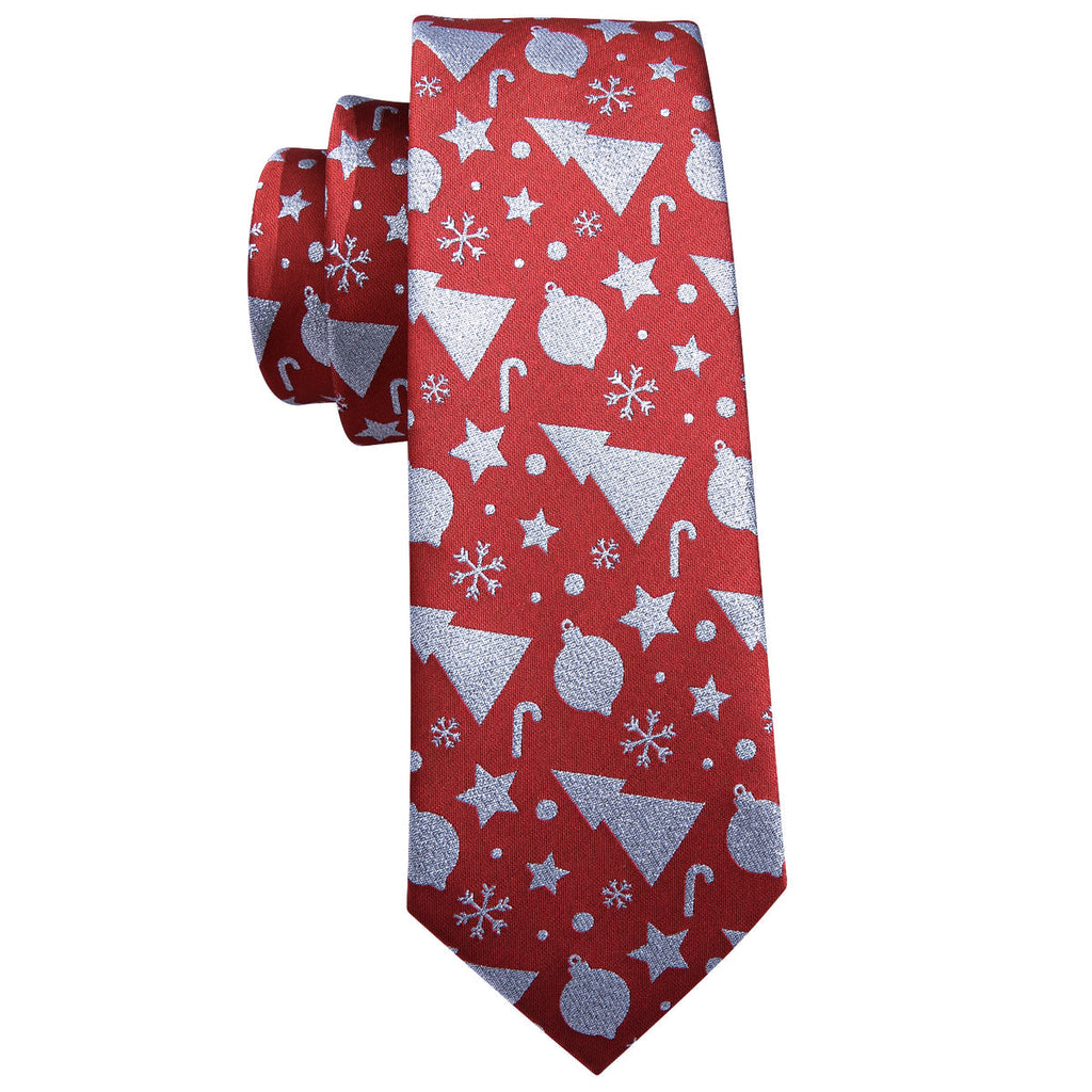 Crimson Red & Silver Christmas Tie, Pocket Square, and Cufflinks Silk Tie Set - GentCrest - View 4