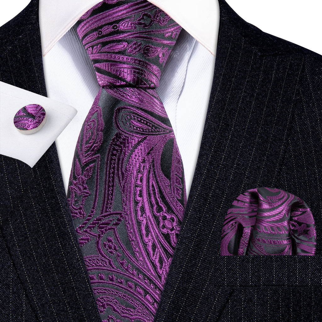 Purple Black Paisley Silk Tie Set - GentCrest - View 3