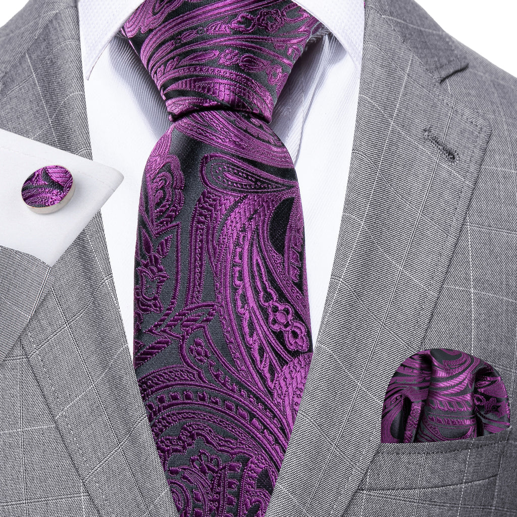 Purple Black Paisley Silk Tie Set - GentCrest - View 2