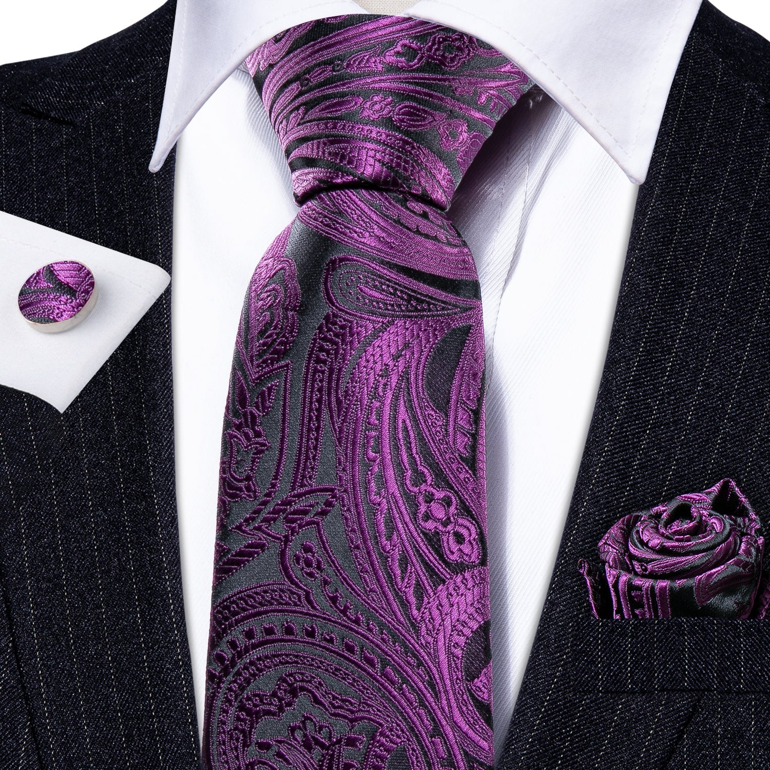 GentCrest Black Paisley Tie Hanky Cufflinks Set - Image 5