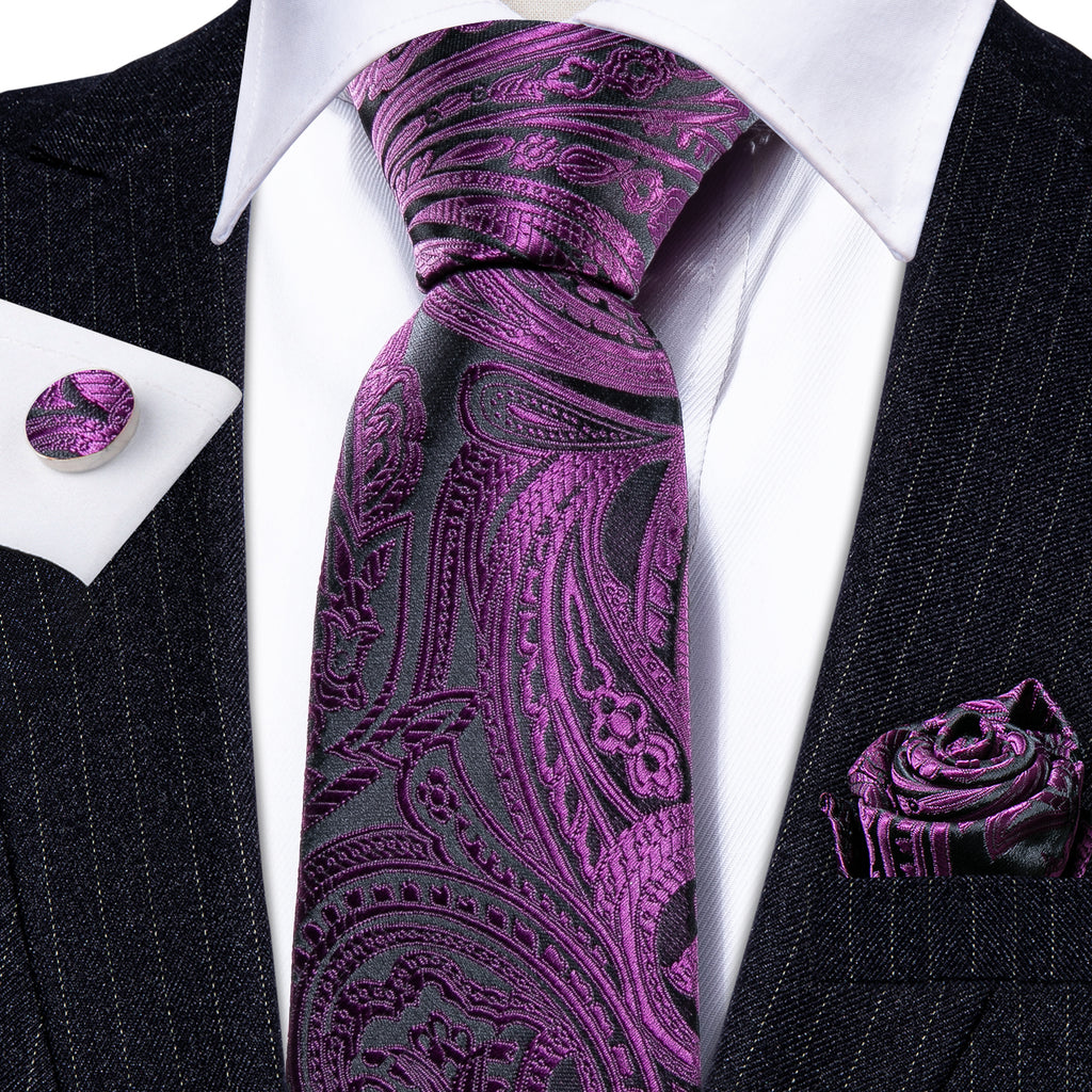 Purple Black Paisley Silk Tie Set - GentCrest - View 4