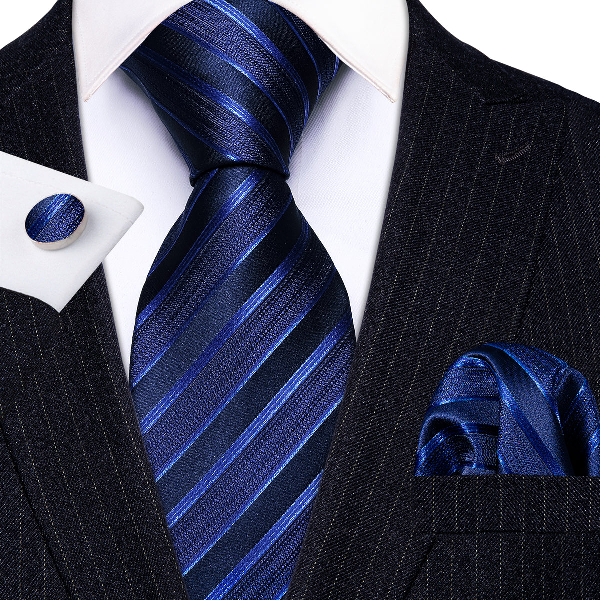 Blue Classy Striped Silk Tie Set - GentCrest - View 2