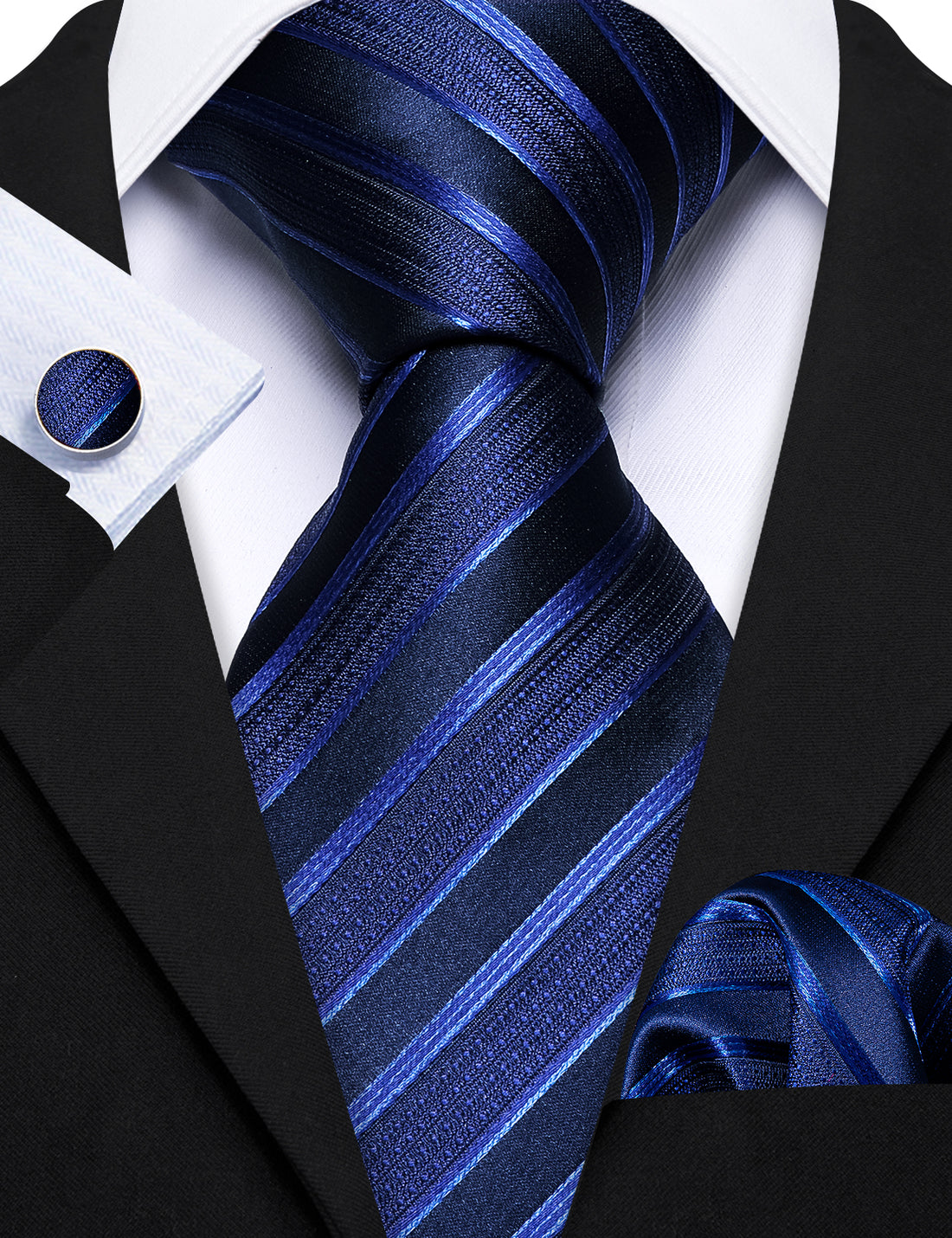 Blue Classy Striped Silk Tie Set - GentCrest - View 5