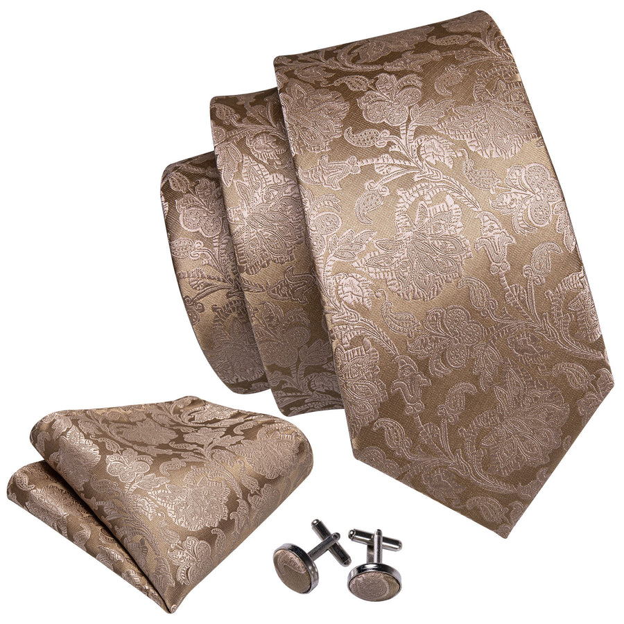 Light Brown Floral XL Silk Tie Set - GentCrest - View 3