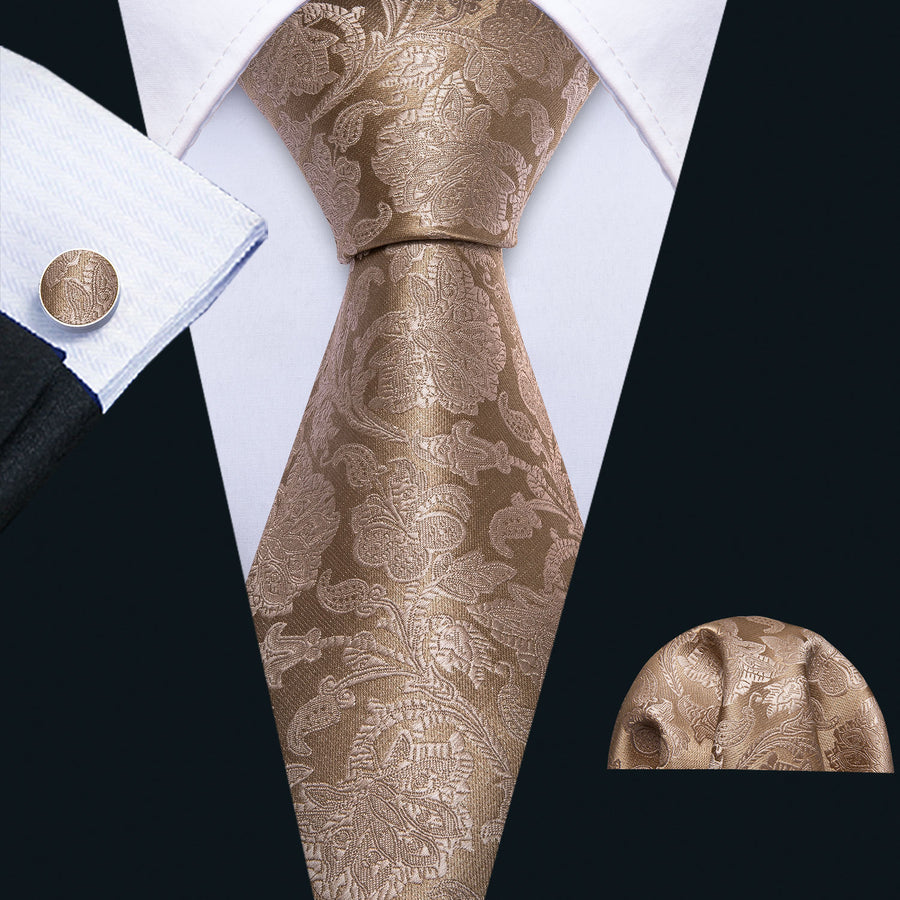 Light Brown Floral XL Silk Tie Set - GentCrest