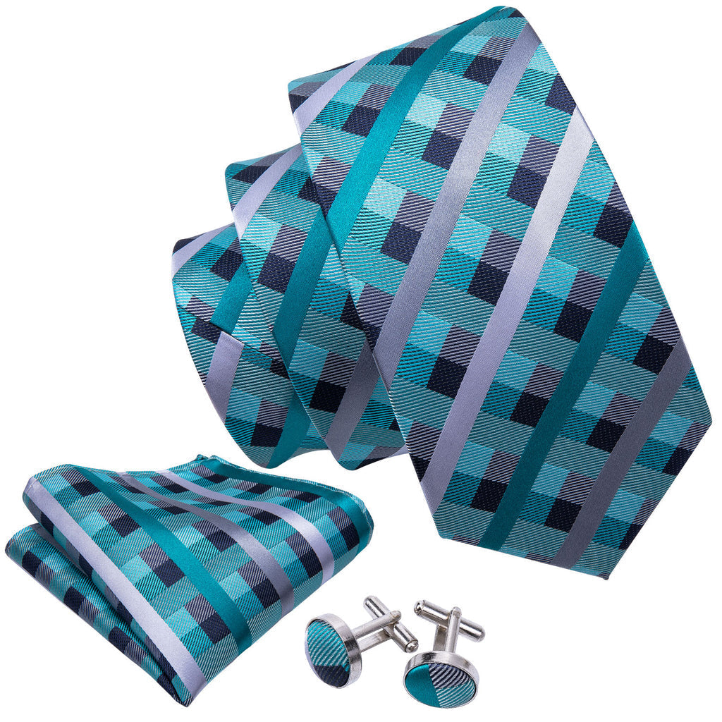 Blue Green Plaid Silk Tie Set - GentCrest - View 3