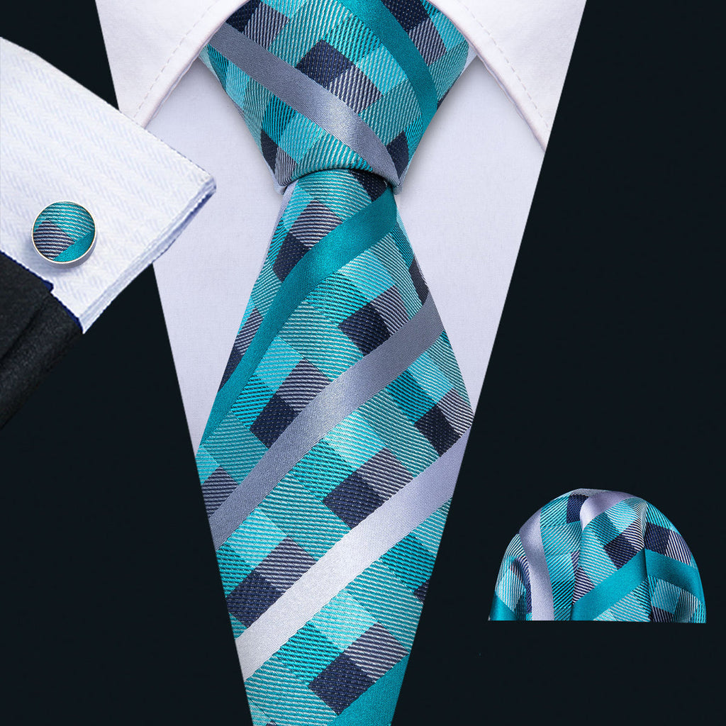 Blue Green Plaid Silk Tie Set - GentCrest